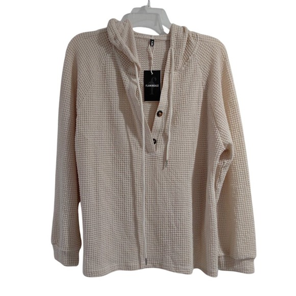 Flamingals Waffle Knit Hoodie Cream Beige Long Sleeve Button Henley Top 3XL - Picture 5 of 7